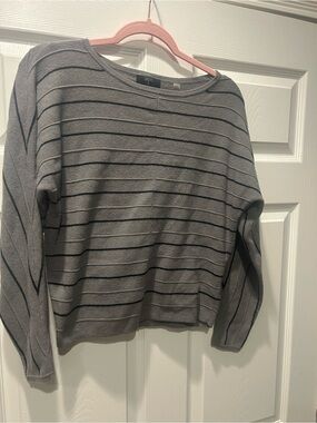 Tahari Gray Knit Crewneck with Subtle Stripe
